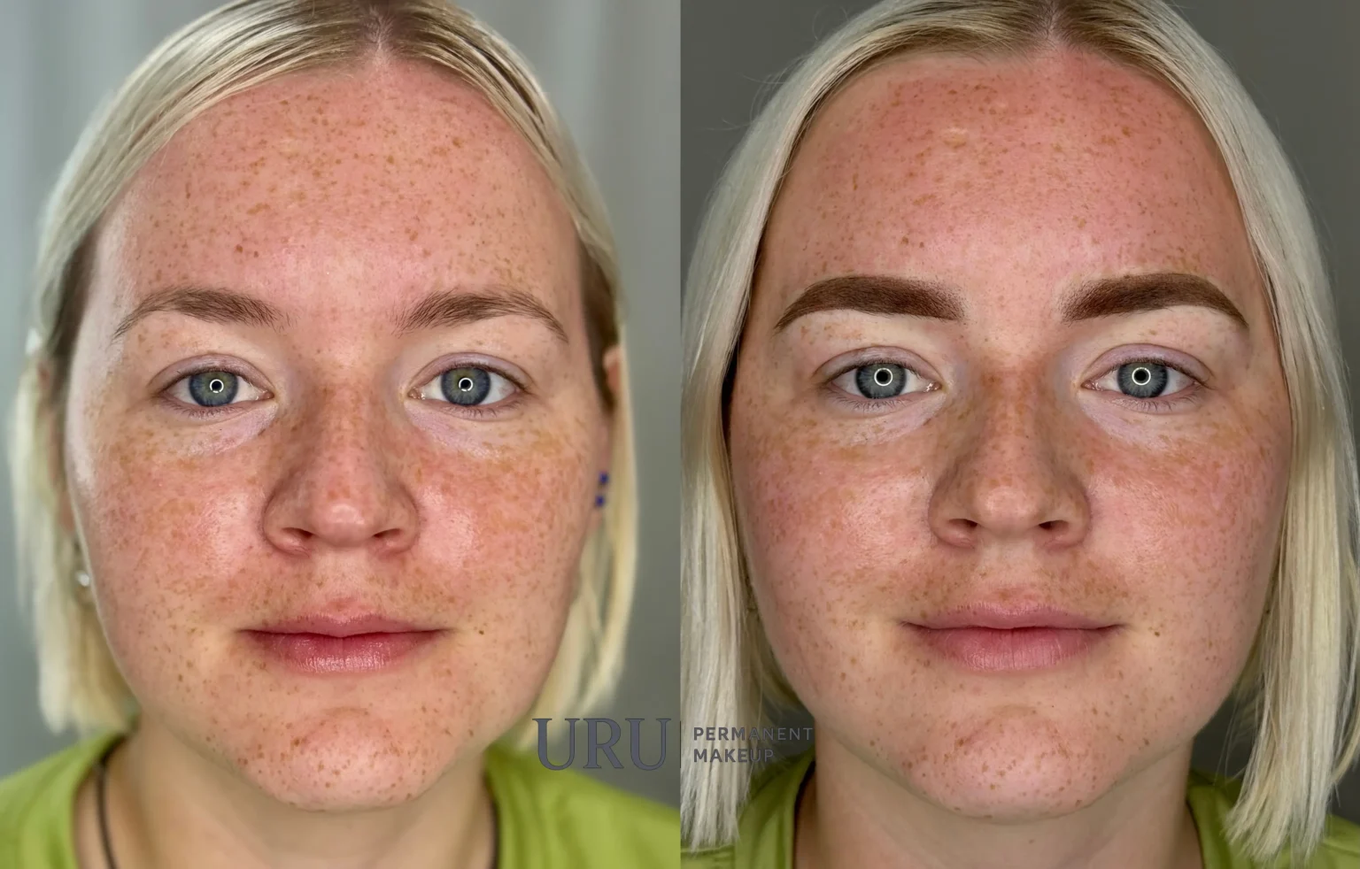 Powder eyebrow enhancement creating soft, even shading with improved brow shape and balance results in Sacramento.