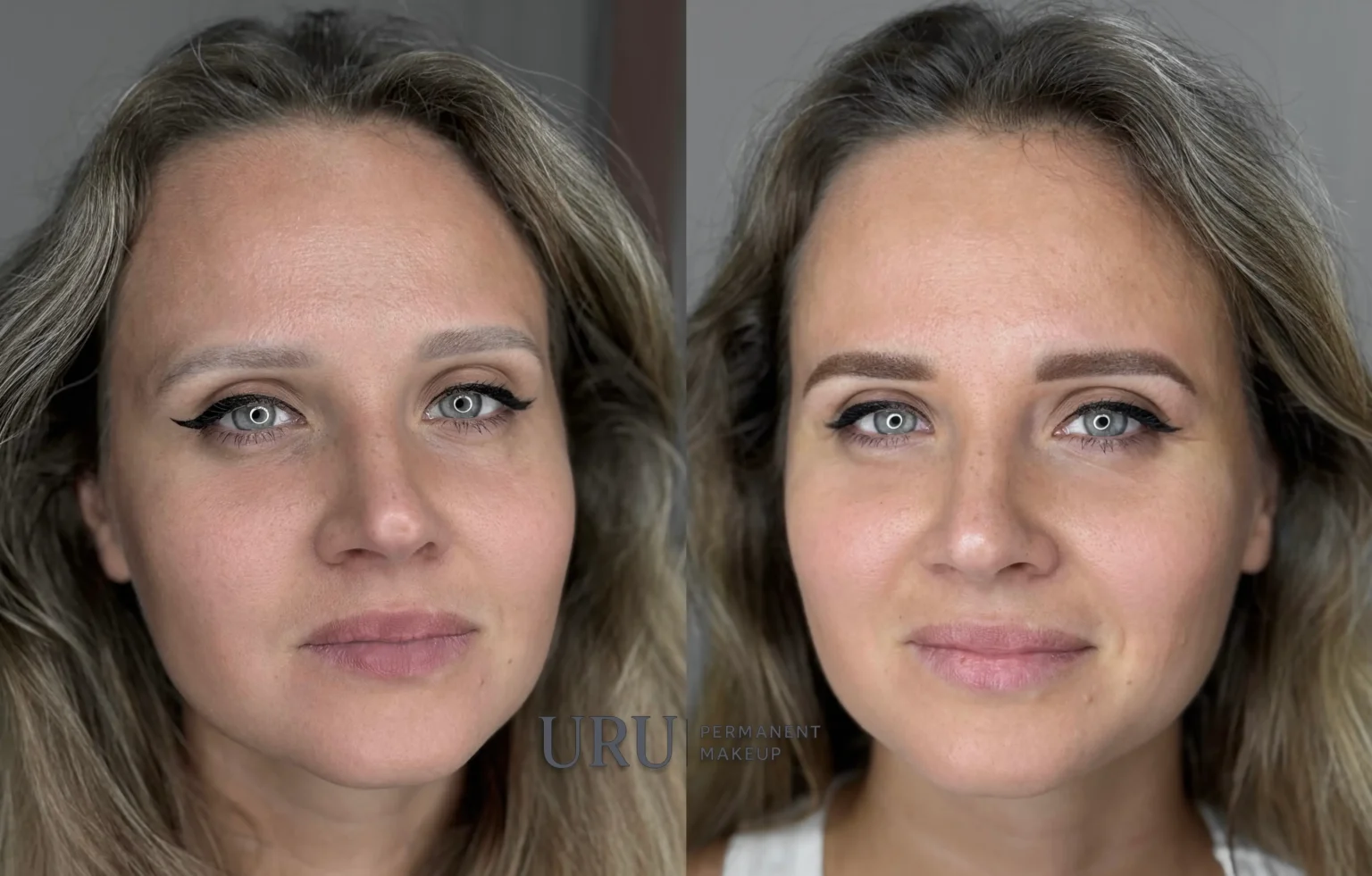 Powder brows before and after showing soft, even shading with enhanced brow definition results in Sacramento.