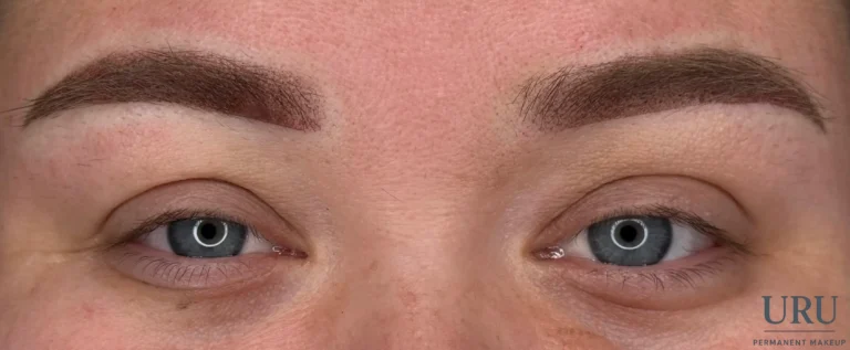 Powder brow enhancement showing soft, even shading and natural brow definition