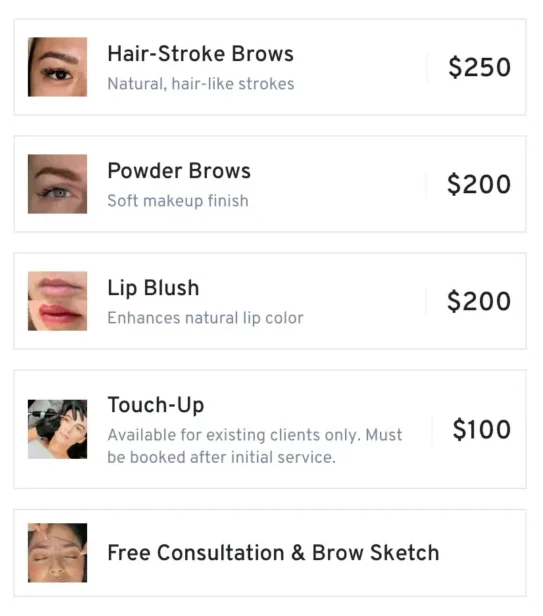 URU Permanent Makeup services with price: Hair-stroke Brows, Powder Brows, Lip Blush, Touch-Up and Free consultation with Brow Sketch