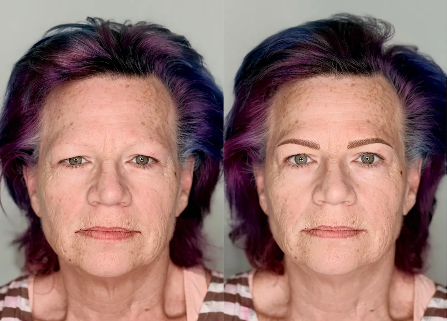 Combo brows before and after result showing sparse brows transformed into fuller, natural-looking eyebrows with soft shape, color, and definition.