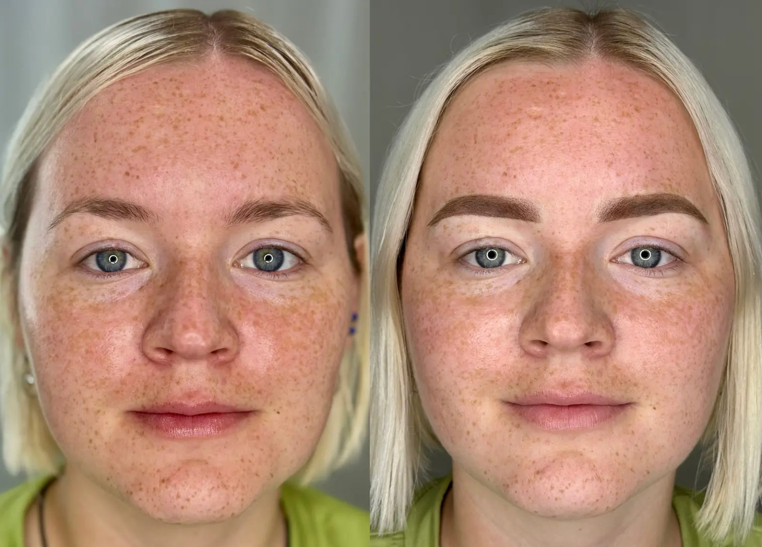 Powder eyebrow enhancement creating soft, even shading with improved brow shape and balance results in Sacramento.
