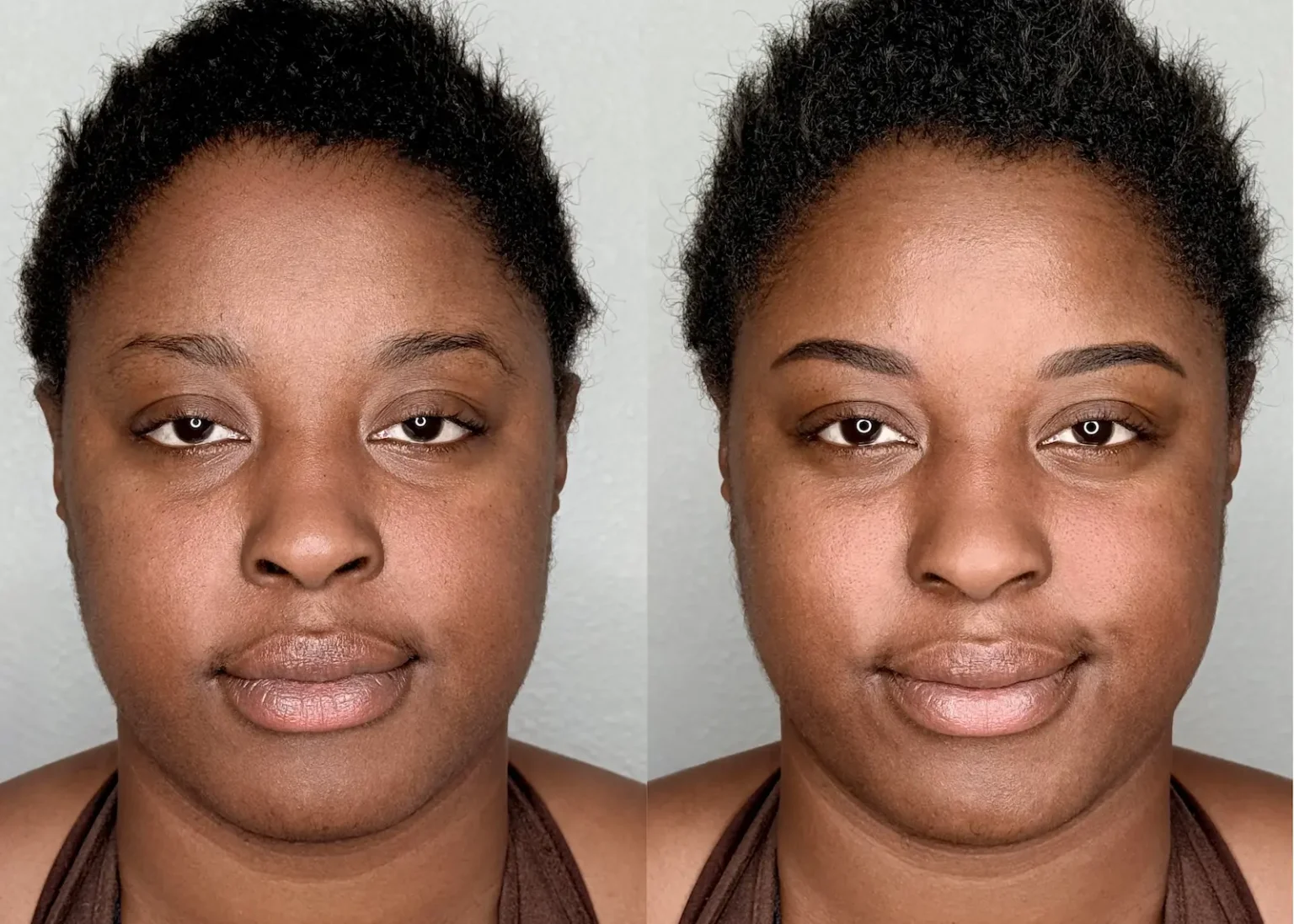 Powder brows before and after result showing sparse brows enhanced into fuller, softly defined eyebrows with a natural-looking shape and color.