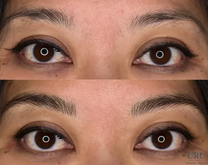 Before and after hair-stroke eyebrow enhancement showing natural definition and symmetry results in Sacramento