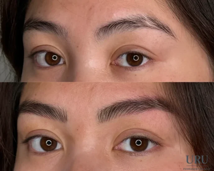 Before and after hair-stroke eyebrow treatment enhancing natural shape and balance results in Sacramento