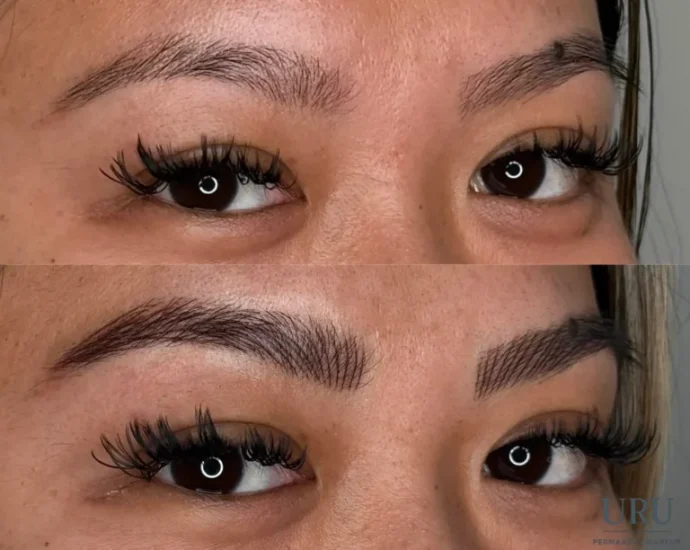 Before and after hair-stroke eyebrow enhancement creating fuller, natural-looking brows results in Sacramento