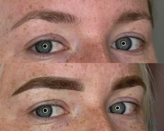 Before and after powder eyebrow enhancement showing soft shading and improved definition results in Sacramento
