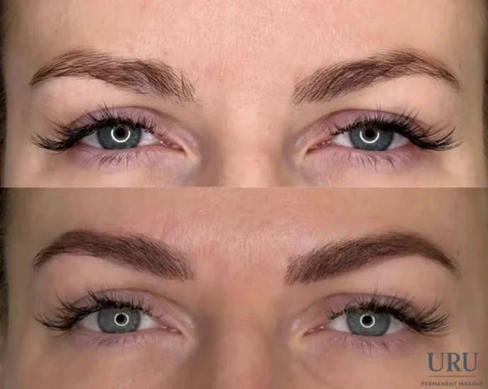 Before and after powder brow enhancement showing soft shading and fuller definition results in Sacramento