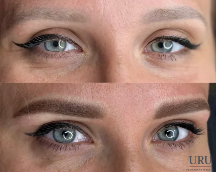 Before and after powder brow enhancement showing soft shading and refined shape results in Sacramento