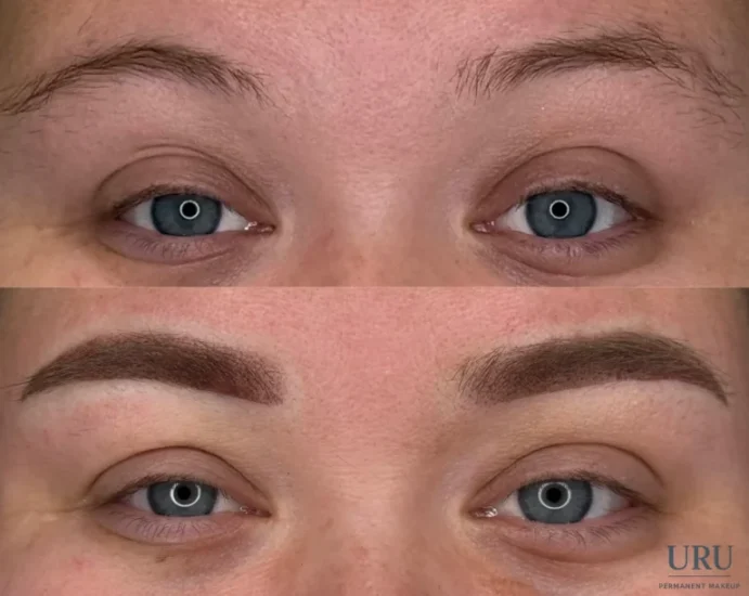 Before and after powder eyebrow enhancement showing soft shading and improved definition results in Sacramento